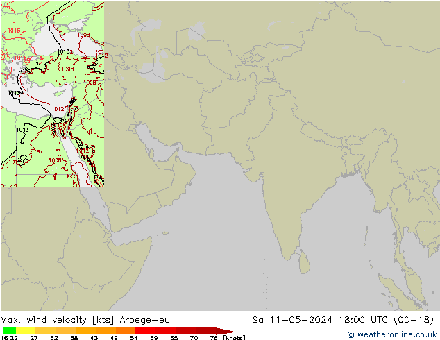 Max. wind velocity Arpege-eu сб 11.05.2024 18 UTC