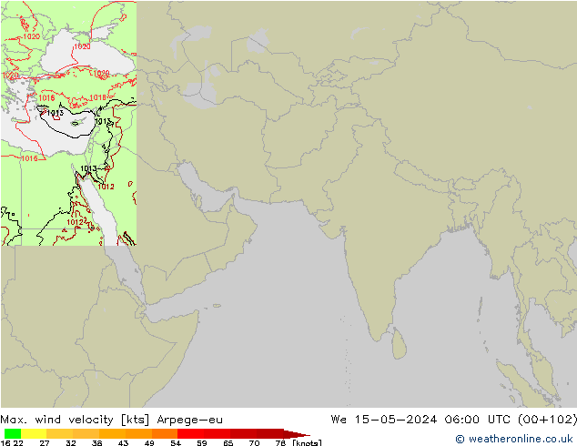 Max. wind velocity Arpege-eu mer 15.05.2024 06 UTC