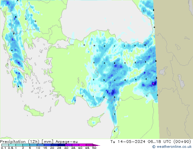Precipitation (12h) Arpege-eu Út 14.05.2024 18 UTC