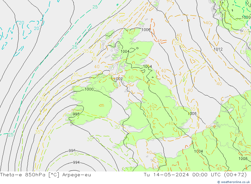 Theta-e 850hPa Arpege-eu Tu 14.05.2024 00 UTC