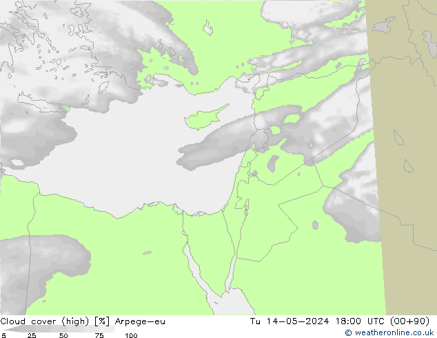 Cloud cover (high) Arpege-eu Tu 14.05.2024 18 UTC