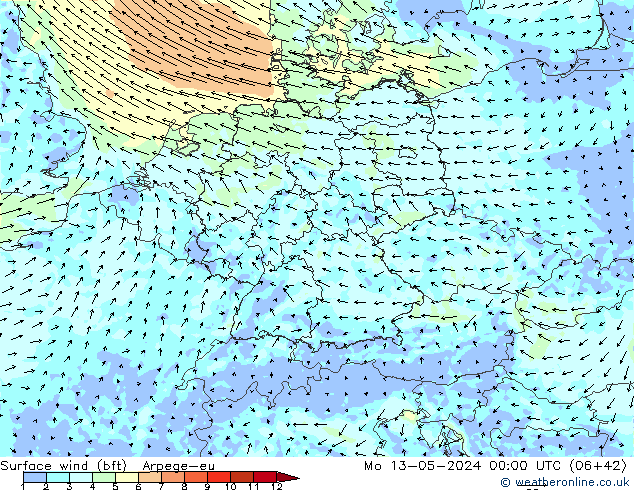 Surface wind (bft) Arpege-eu Mo 13.05.2024 00 UTC