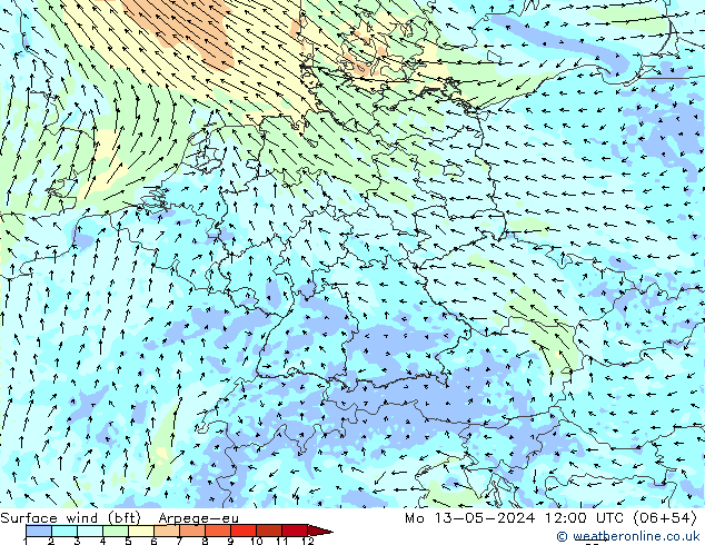 Surface wind (bft) Arpege-eu Mo 13.05.2024 12 UTC