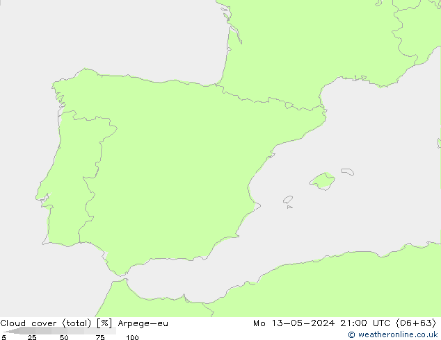 nuvens (total) Arpege-eu Seg 13.05.2024 21 UTC