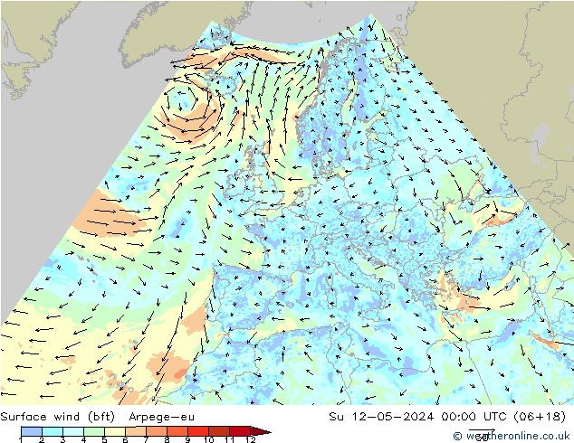 Surface wind (bft) Arpege-eu Su 12.05.2024 00 UTC