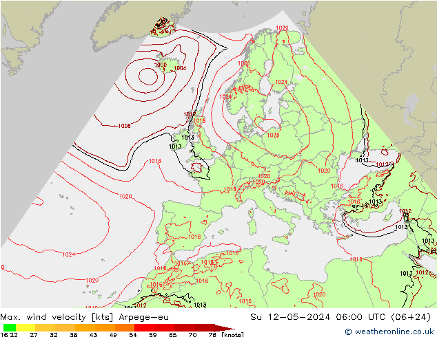 Max. wind velocity Arpege-eu dim 12.05.2024 06 UTC