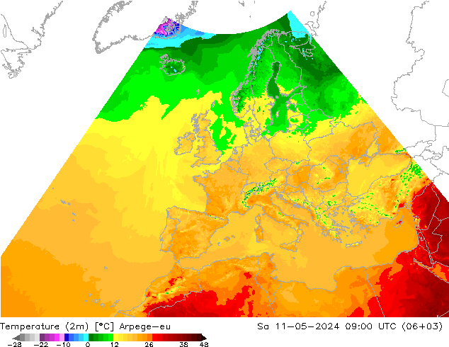 température (2m) Arpege-eu sam 11.05.2024 09 UTC