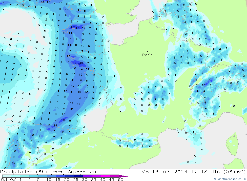 Precipitation (6h) Arpege-eu Po 13.05.2024 18 UTC