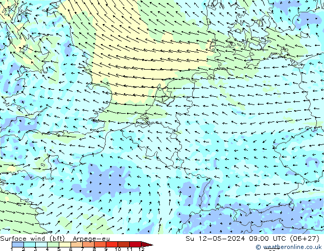 Wind 10 m (bft) Arpege-eu zo 12.05.2024 09 UTC