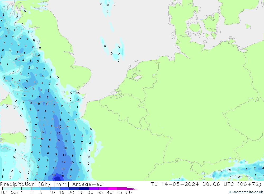Totale neerslag (6h) Arpege-eu di 14.05.2024 06 UTC