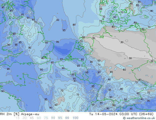 RH 2m Arpege-eu mar 14.05.2024 03 UTC