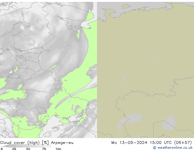 Cloud cover (high) Arpege-eu Mo 13.05.2024 15 UTC