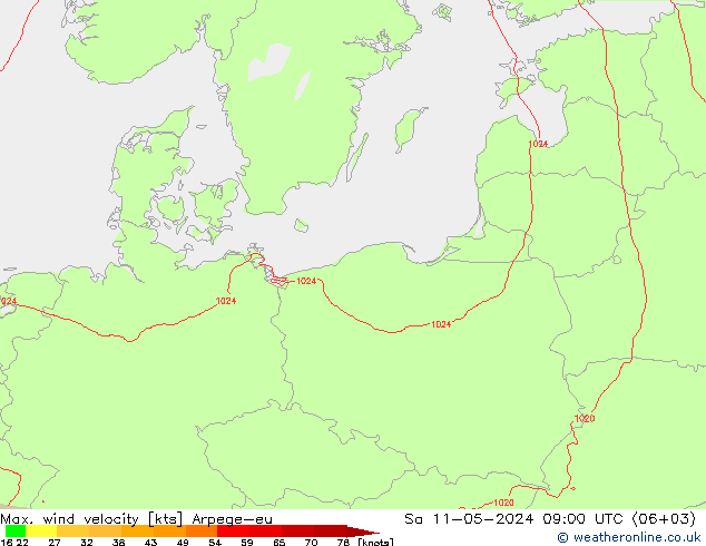 Max. wind velocity Arpege-eu сб 11.05.2024 09 UTC