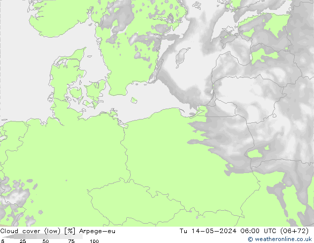 Cloud cover (low) Arpege-eu Tu 14.05.2024 06 UTC