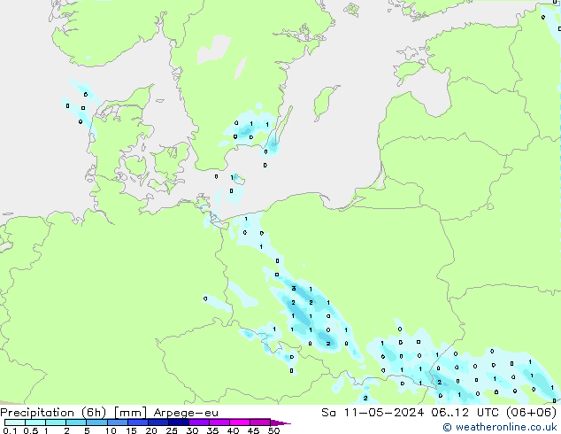 Totale neerslag (6h) Arpege-eu za 11.05.2024 12 UTC