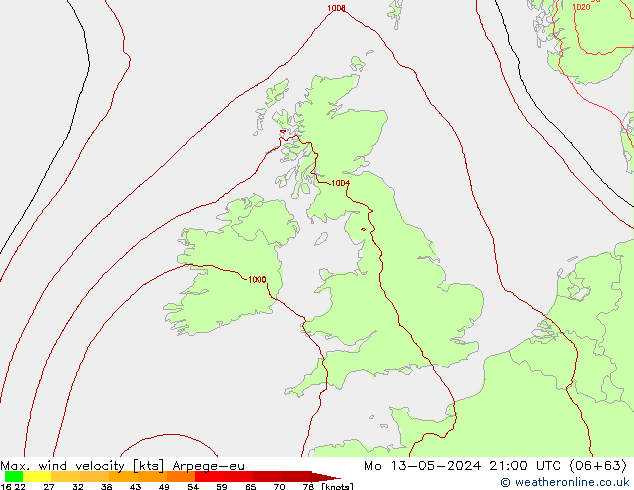 Max. wind velocity Arpege-eu Mo 13.05.2024 21 UTC