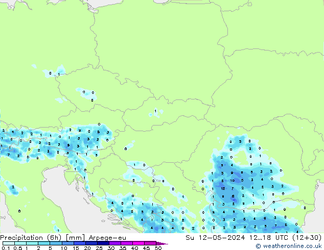 Totale neerslag (6h) Arpege-eu zo 12.05.2024 18 UTC