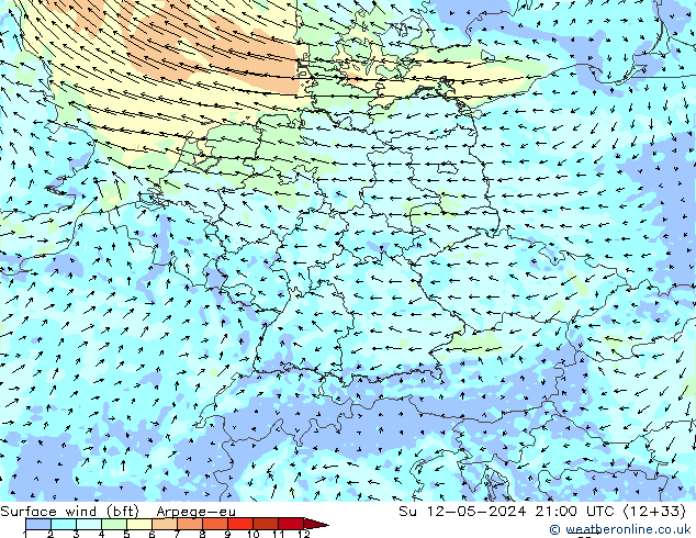 Wind 10 m (bft) Arpege-eu zo 12.05.2024 21 UTC