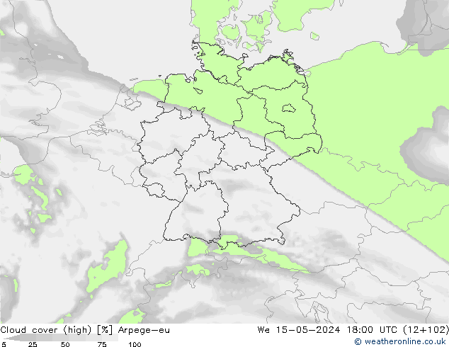 Cloud cover (high) Arpege-eu We 15.05.2024 18 UTC
