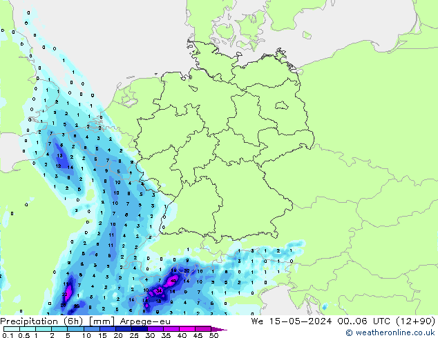 Precipitazione (6h) Arpege-eu mer 15.05.2024 06 UTC