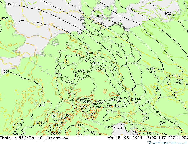Theta-e 850hPa Arpege-eu wo 15.05.2024 18 UTC