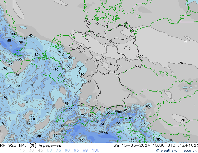 RH 925 hPa Arpege-eu  15.05.2024 18 UTC