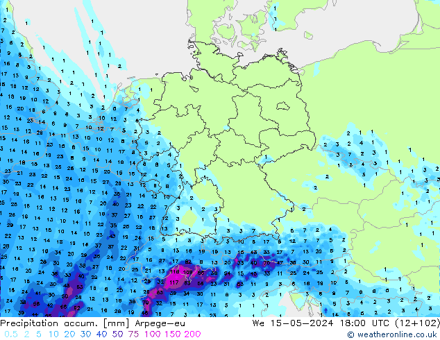 Totale neerslag Arpege-eu wo 15.05.2024 18 UTC