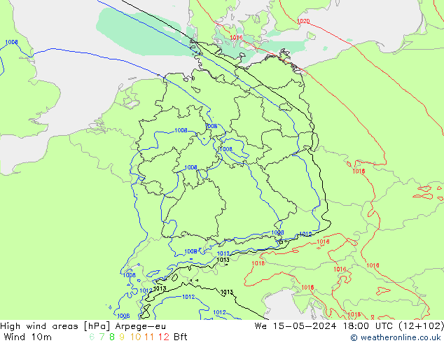 yüksek rüzgarlı alanlar Arpege-eu Çar 15.05.2024 18 UTC