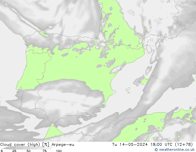 Cloud cover (high) Arpege-eu Tu 14.05.2024 18 UTC
