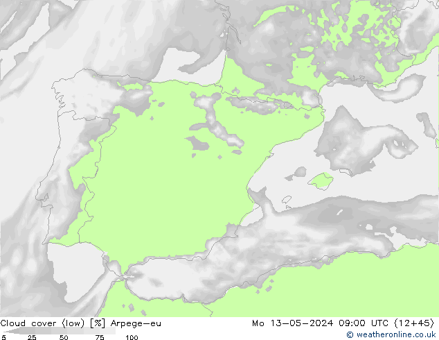 nízká oblaka Arpege-eu Po 13.05.2024 09 UTC