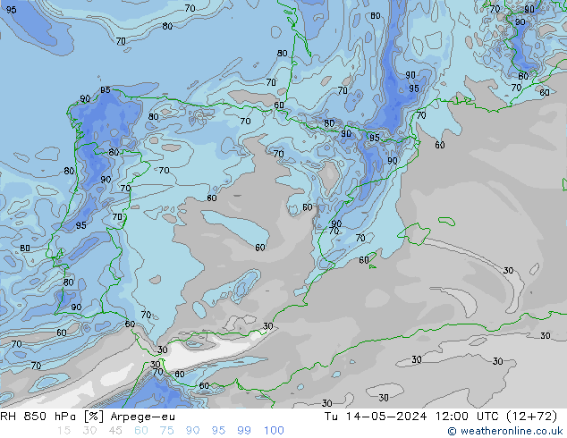 850 hPa Nispi Nem Arpege-eu Sa 14.05.2024 12 UTC