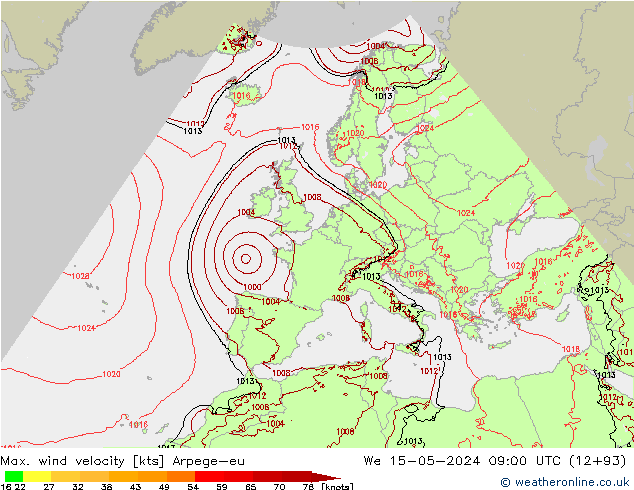 Max. wind velocity Arpege-eu mer 15.05.2024 09 UTC