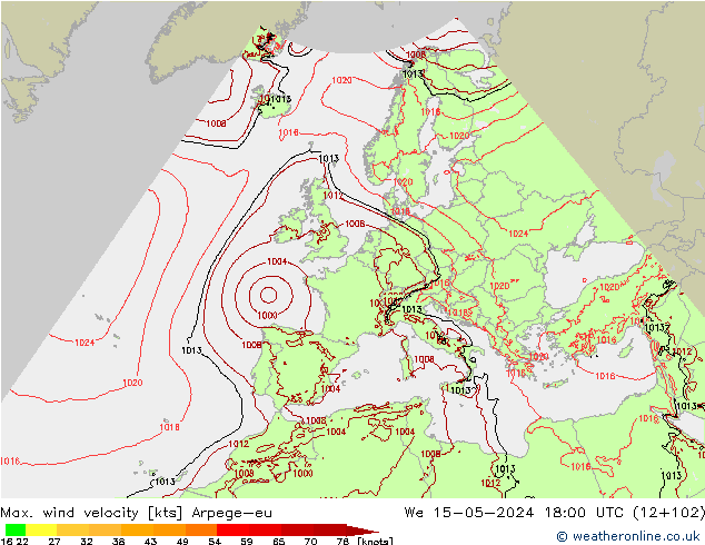 Max. wind velocity Arpege-eu śro. 15.05.2024 18 UTC