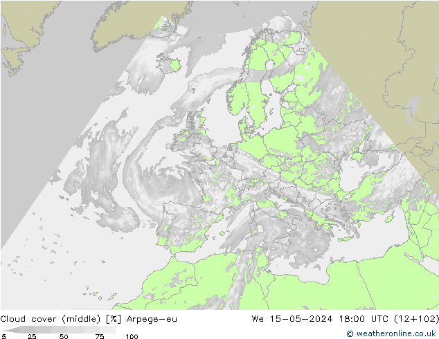 Cloud cover (middle) Arpege-eu We 15.05.2024 18 UTC