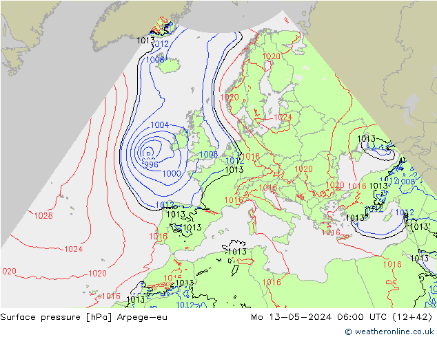 Surface pressure Arpege-eu Mo 13.05.2024 06 UTC