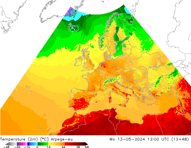 Temperatuurkaart (2m) Arpege-eu ma 13.05.2024 12 UTC