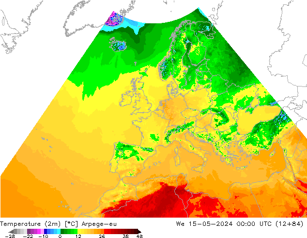 température (2m) Arpege-eu mer 15.05.2024 00 UTC