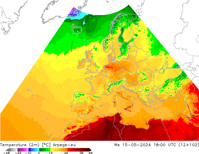 Sıcaklık Haritası (2m) Arpege-eu Çar 15.05.2024 18 UTC