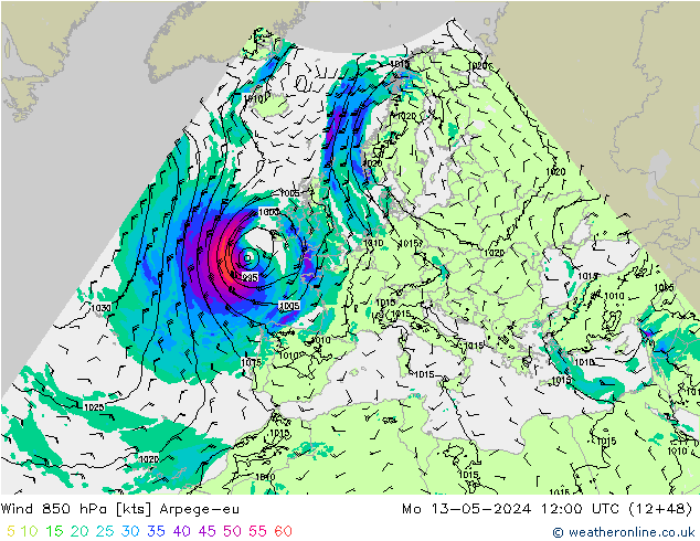 Wind 850 hPa Arpege-eu Mo 13.05.2024 12 UTC