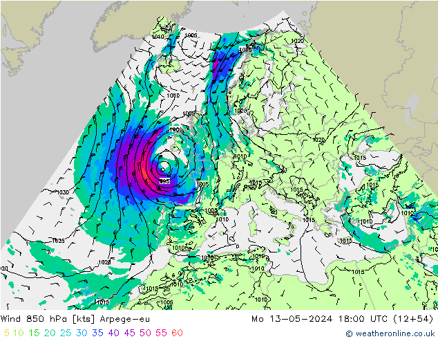 Wind 850 hPa Arpege-eu Mo 13.05.2024 18 UTC