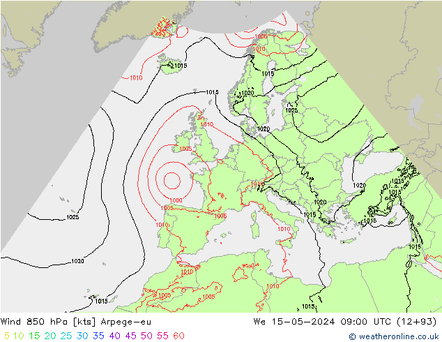 Wind 850 hPa Arpege-eu Mi 15.05.2024 09 UTC