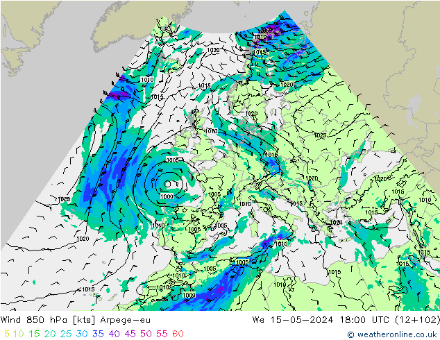 ветер 850 гПа Arpege-eu ср 15.05.2024 18 UTC