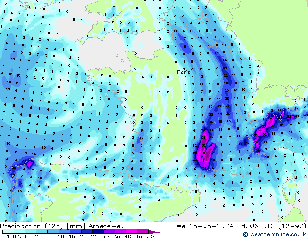 Yağış (12h) Arpege-eu Çar 15.05.2024 06 UTC