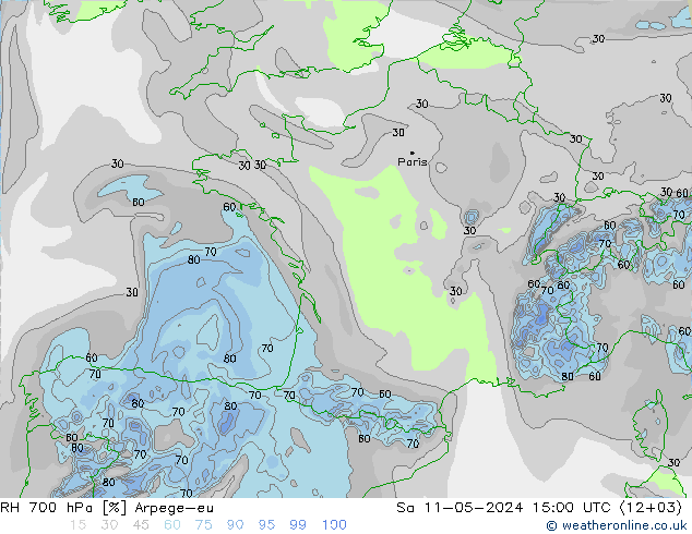 RH 700 hPa Arpege-eu sab 11.05.2024 15 UTC
