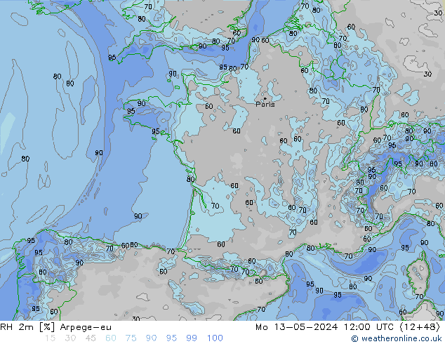 RH 2m Arpege-eu Mo 13.05.2024 12 UTC
