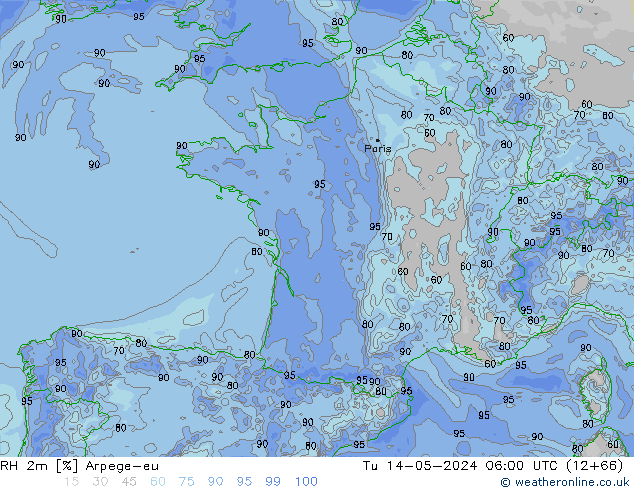 Humidité rel. 2m Arpege-eu mar 14.05.2024 06 UTC