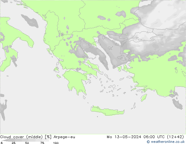 Cloud cover (middle) Arpege-eu Mo 13.05.2024 06 UTC