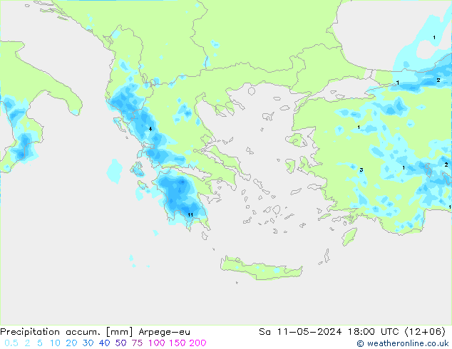 Precipitation accum. Arpege-eu Sa 11.05.2024 18 UTC