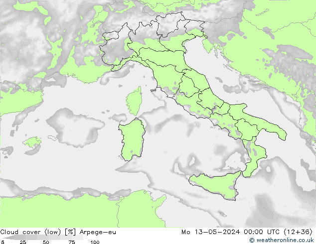 Cloud cover (low) Arpege-eu Mo 13.05.2024 00 UTC
