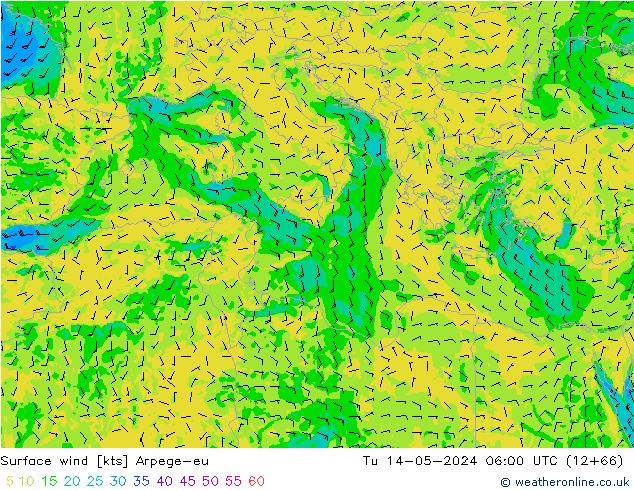 Surface wind Arpege-eu Tu 14.05.2024 06 UTC